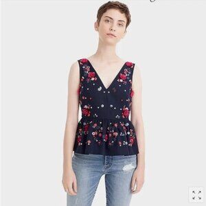 JCrew Floral Embroidered and Beaded Navy Top
